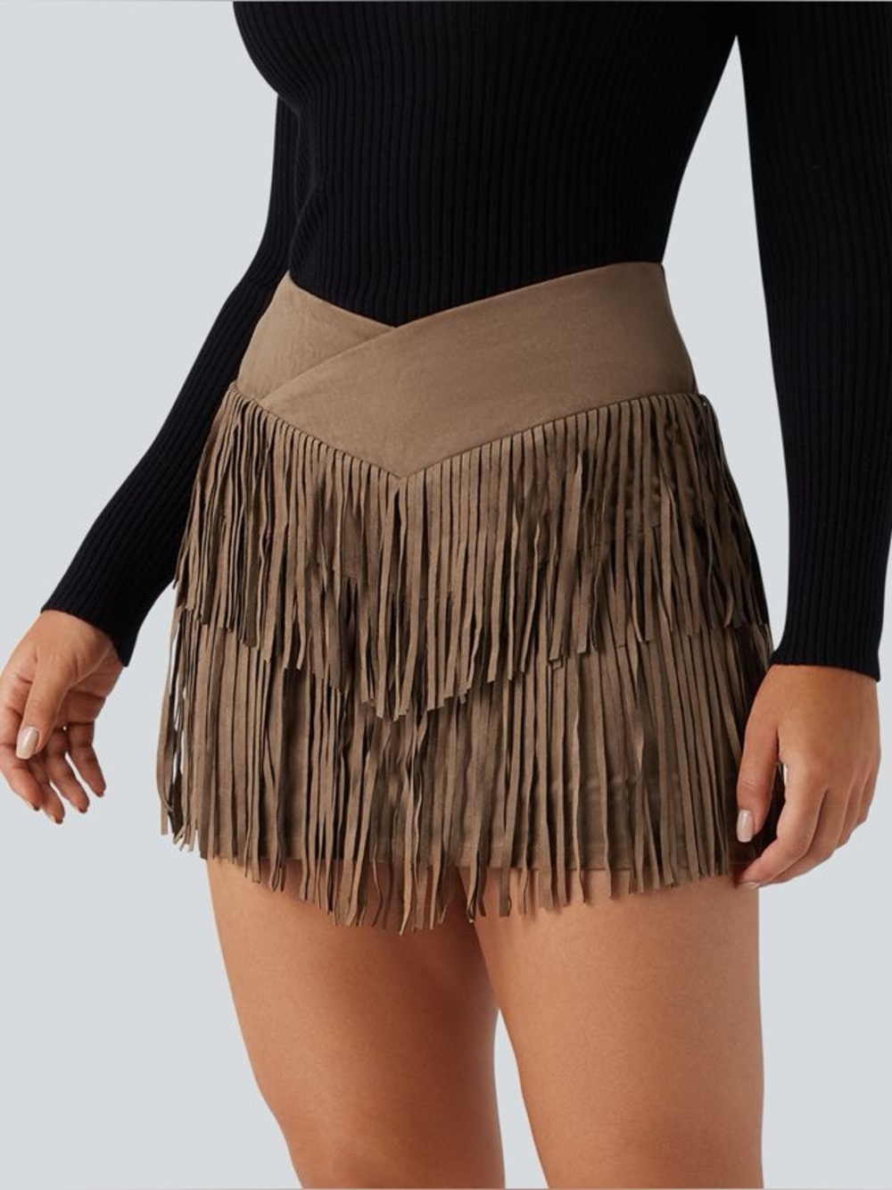 Halara Crossover High Waisted 2-in-1 Fringe Hem Bodycon Mini Suede Party Skirt